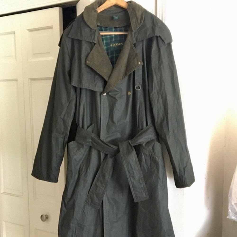 Vintage Green Waxed Cotton Belted Trench Coat XL